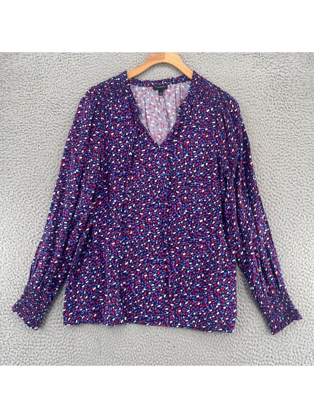Talbots Top Womens Small Blue Multi Pattern Long Balloon Sleeve Tied Neck Blouse
